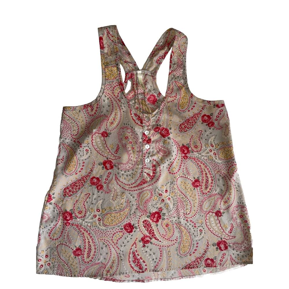 Bjewel Paisley Blouse Top Sz M Beige Roses Pink Sleeveless Y2K Boho